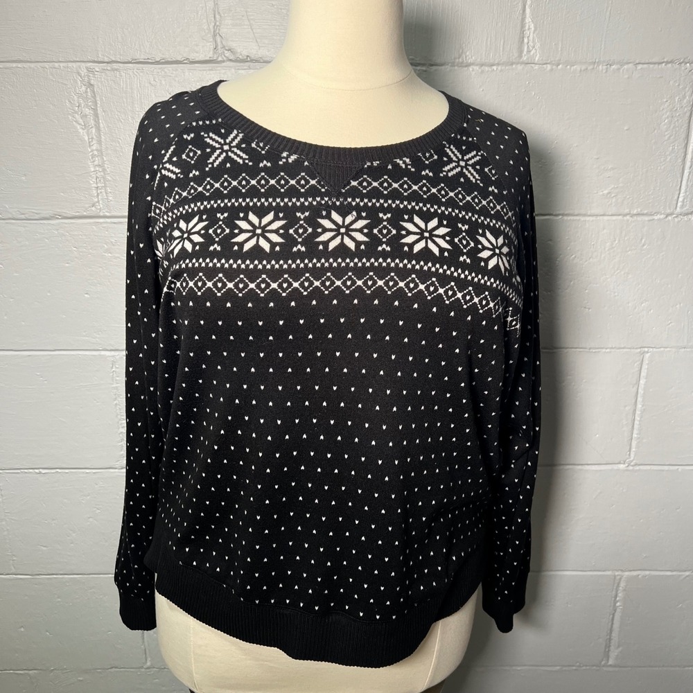 Cuddl‎ Duds Fair Isle Snowflake Hearts Print Long Sleeve Pullover Top Black XL
